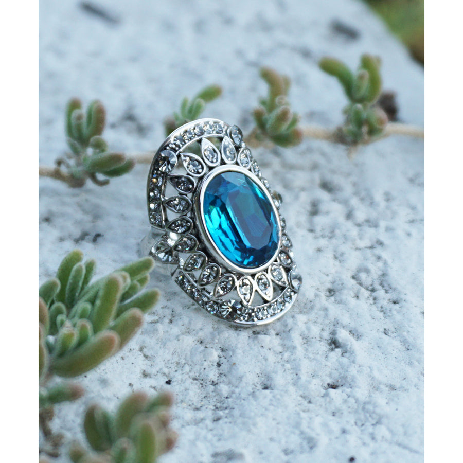 Vintage Inspired Ring with Vibrant Ocean Blue Topaz Colored Stone Image 1