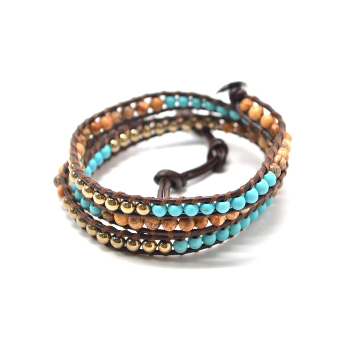 HOLIDAY CLEARANCE SALE! The Oceanview - 23" Turquoise Sand and Gold Tone Beaded Brown Leather Wrap Bracelet Image 2