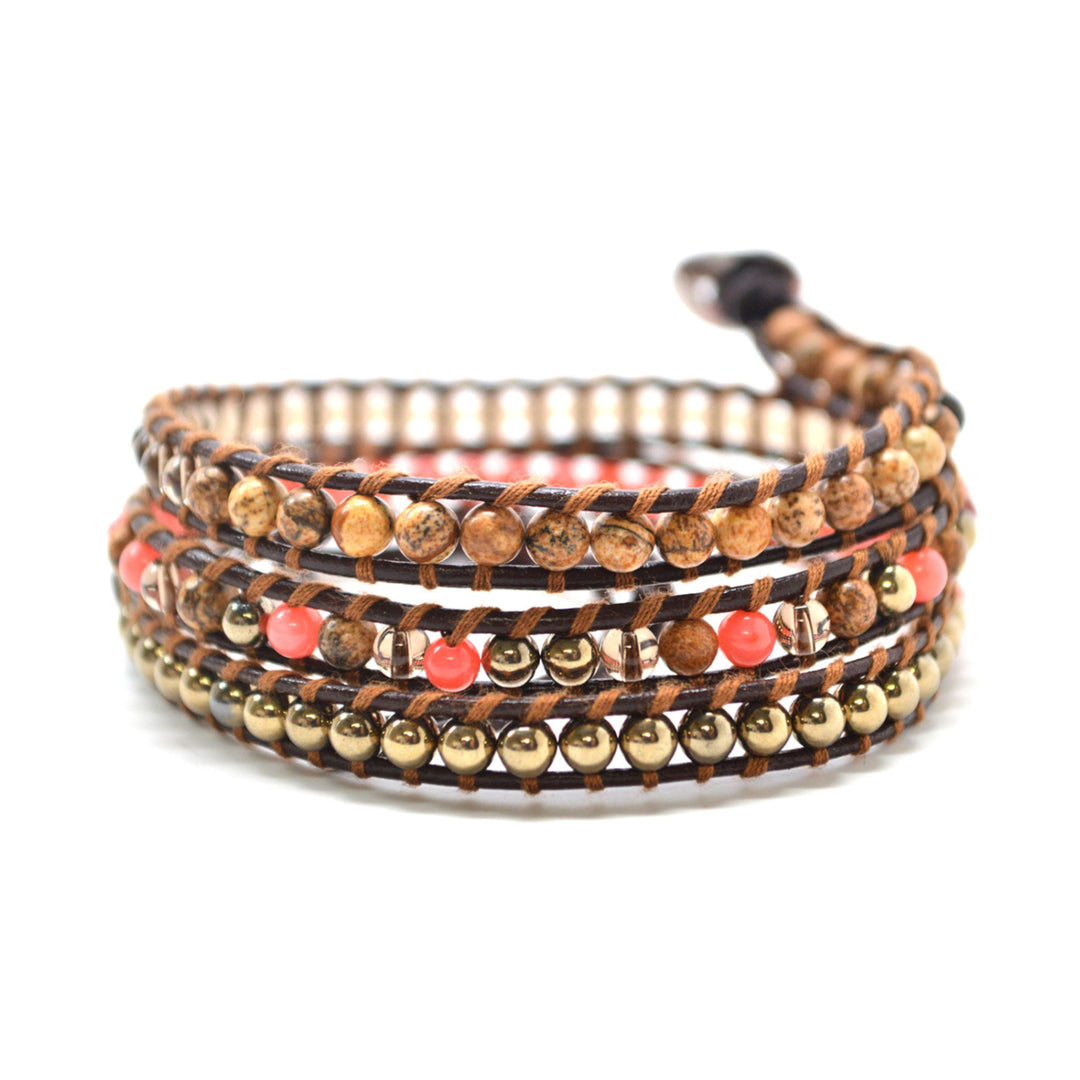 The Desert Flower - 23" Coral Earth and Gold Tone Beaded Brown Leather Wrap Bracelet Image 1