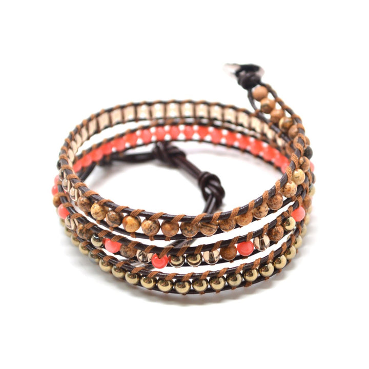 The Desert Flower - 23" Coral Earth and Gold Tone Beaded Brown Leather Wrap Bracelet Image 2