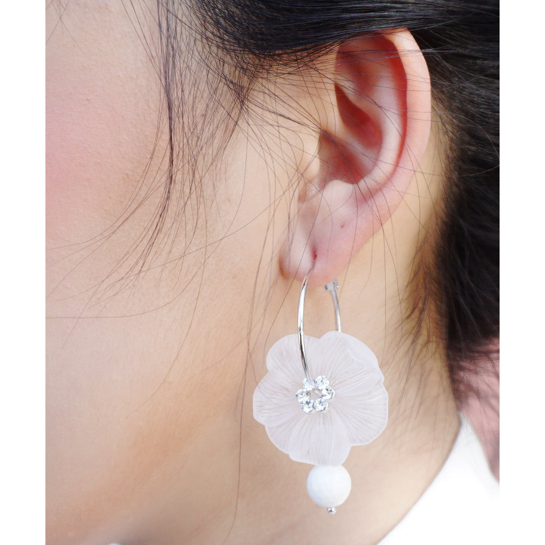 Delicate White Moon-Flower With Zirconia Crystals And Traditional White Bead Dangle On Silver Toned Hoop Mothers Day Image 1