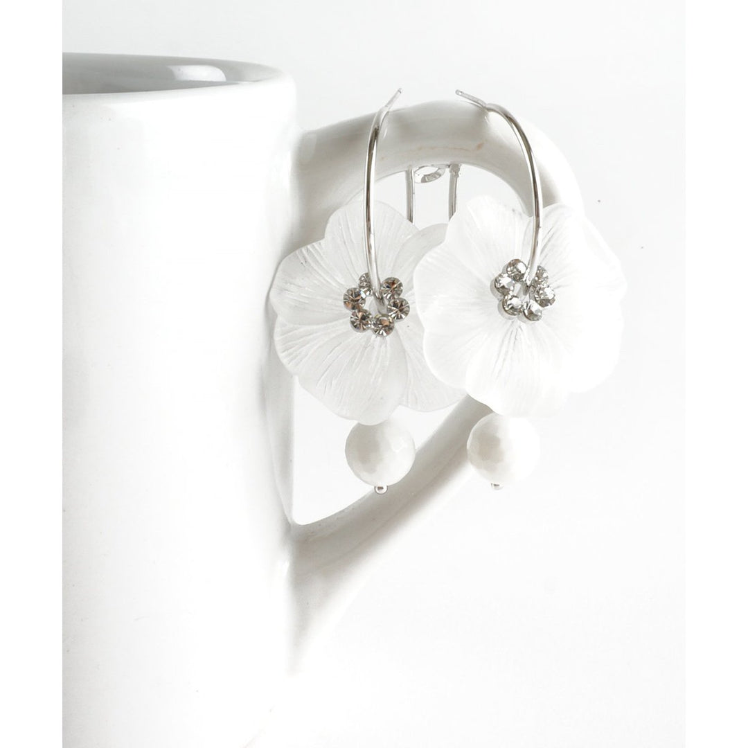 Delicate White Moon-Flower With Zirconia Crystals And Traditional White Bead Dangle On Silver Toned Hoop Mothers Day Image 2