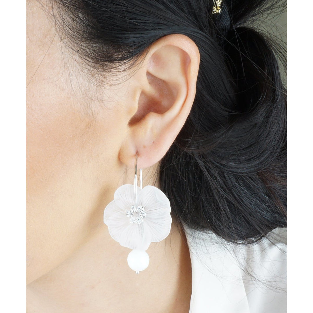 Delicate White Moon-Flower With Zirconia Crystals And Traditional White Bead Dangle On Silver Toned Hoop Mothers Day Image 3