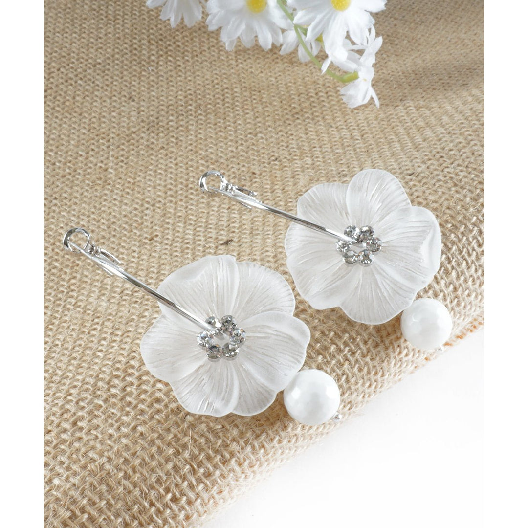 Delicate White Moon-Flower With Zirconia Crystals And Traditional White Bead Dangle On Silver Toned Hoop Mothers Day Image 4