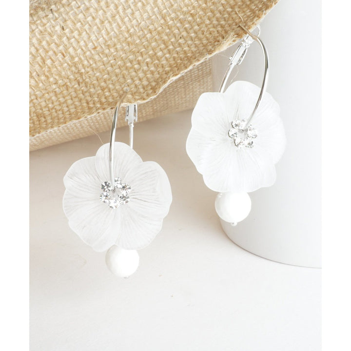 Delicate White Moon-Flower With Zirconia Crystals And Traditional White Bead Dangle On Silver Toned Hoop Mothers Day Image 4