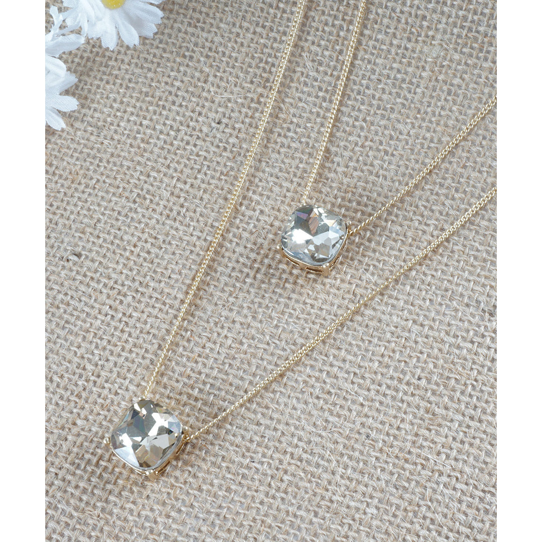 Light Charcoal Grey Double Layered Crystal Cube Gold Tone Minimal Thin Chain Fashion Necklace Image 1