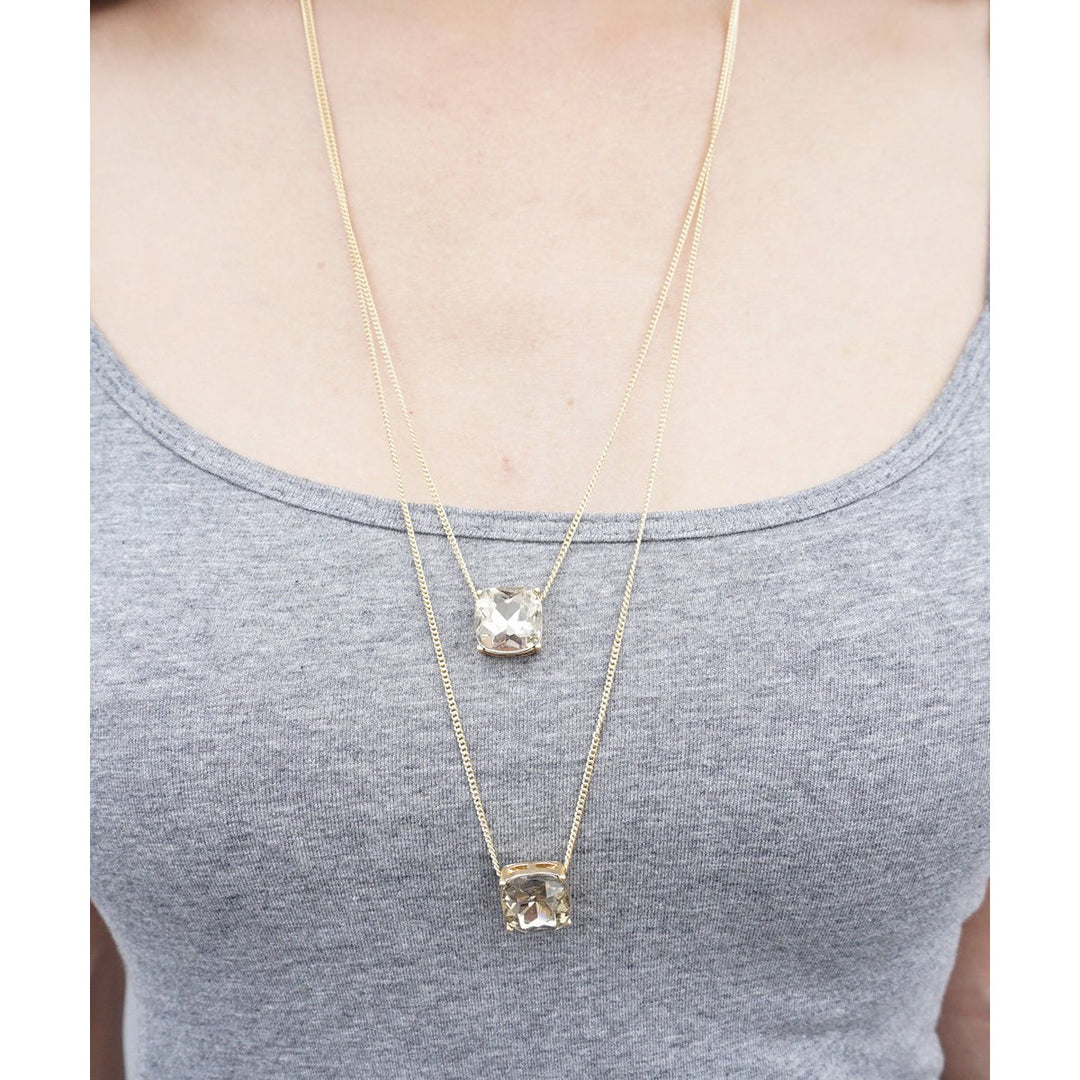 Light Charcoal Grey Double Layered Crystal Cube Gold Tone Minimal Thin Chain Fashion Necklace Image 2