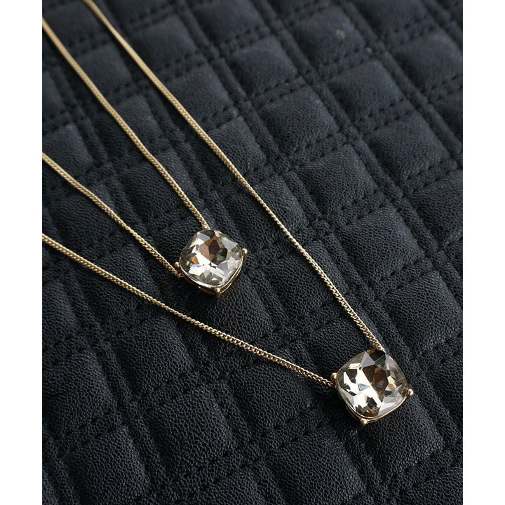 Light Charcoal Grey Double Layered Crystal Cube Gold Tone Minimal Thin Chain Fashion Necklace Image 4