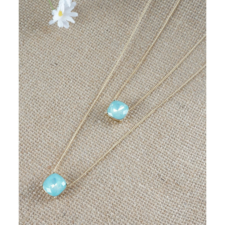 Double Layer Pendant Necklace With Two Radiant Cut Pacific Opal Mint Green Element Crystals On Gold Toned Chain Image 4