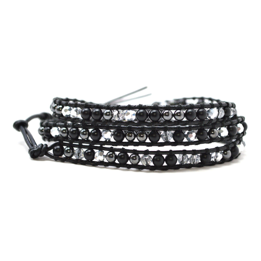 HOLIDAY CLEARANCE SALE! The Twilight - 23" Metallic Black and Clear Beaded Black Leather Wrap Bracelet Image 1