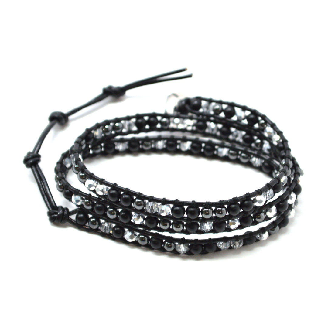 HOLIDAY CLEARANCE SALE! The Twilight - 23" Metallic Black and Clear Beaded Black Leather Wrap Bracelet Image 2