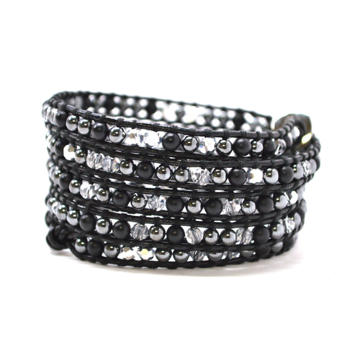 HOLIDAY CLEARANCE SALE! The Twilight - 34" Metallic Black and Clear Beaded Black Leather Wrap Bracelet Image 1