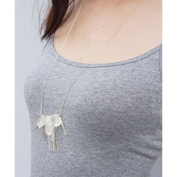 Clear Raw Quartz On Long Gold Tone Chain Minimal Fashion Statement Necklace/ Free Gift With Purchase Image 4