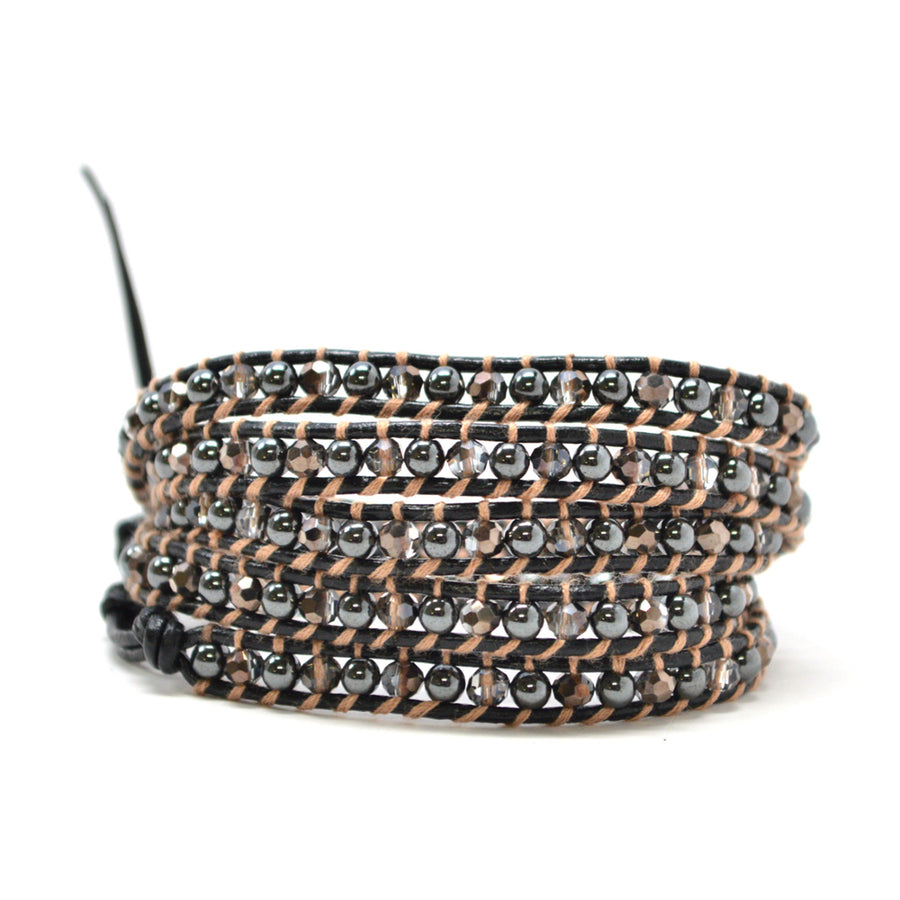 HOLIDAY CLEARANCE SALE! The Pandora - 34" Metallic Black and Clear Beaded Black Leather Wrap Bracelet Image 1