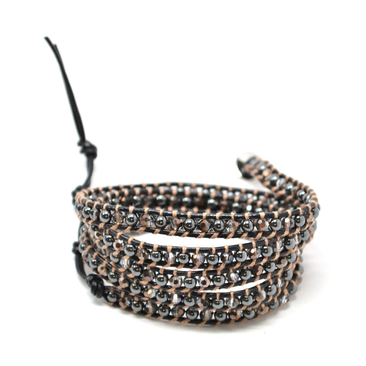 HOLIDAY CLEARANCE SALE! The Pandora - 34" Metallic Black and Clear Beaded Black Leather Wrap Bracelet Image 2