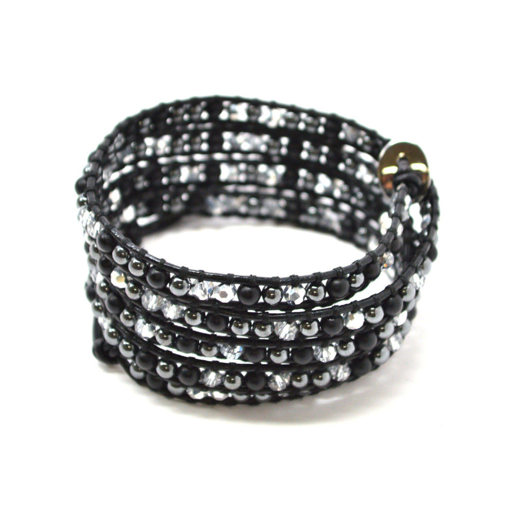 HOLIDAY CLEARANCE SALE! The Twilight - 34" Metallic Black and Clear Beaded Black Leather Wrap Bracelet Image 2