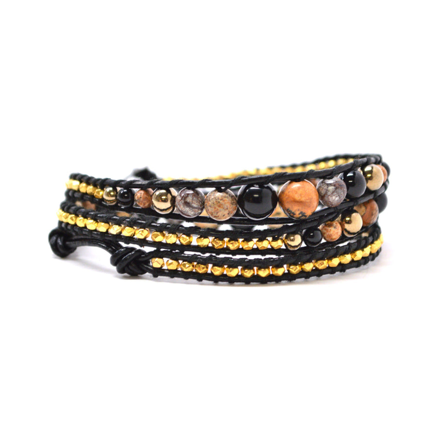 HOLIDAY CLEARANCE SALE! The Gold Rush - 23" Gold and Earthy Colors Beaded Black Leather Wrap Bracelet Image 1