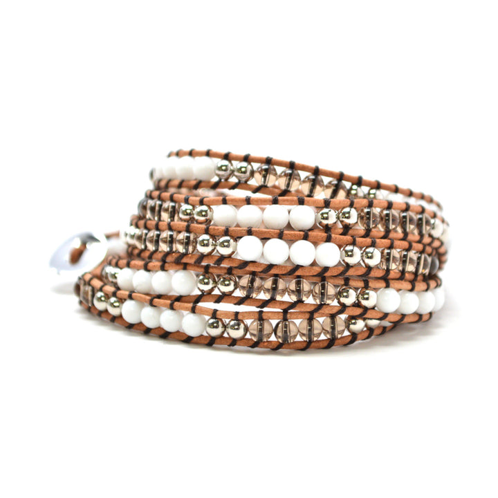 The Tiger Cub - 34" White Silver and Clear Beaded Light Brown Leather Wrap Bracelet Image 1