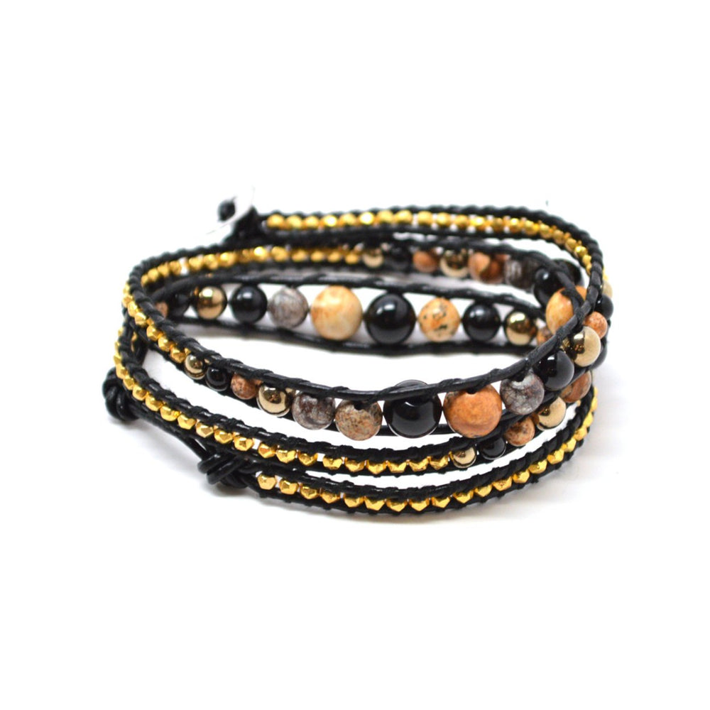 HOLIDAY CLEARANCE SALE! The Gold Rush - 23" Gold and Earthy Colors Beaded Black Leather Wrap Bracelet Image 2