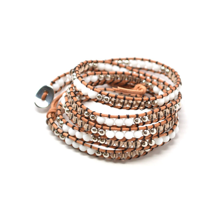 The Tiger Cub - 34" White Silver and Clear Beaded Light Brown Leather Wrap Bracelet Image 2