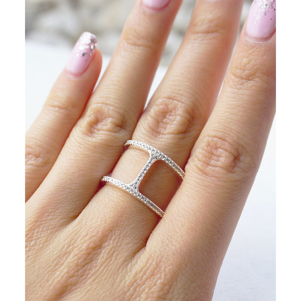 Beautiful Double Pave Hoop Ring Gold or Silver Plated Rhodium Cubic Zirconia Crystals Fashionable Jewelry Image 2