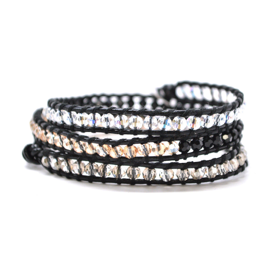 HOLIDAY CLEARANCE SALE! The Galactic - 23" Black White Clear and Copper Clear Beaded Black Leather Wrap Bracelet Image 1