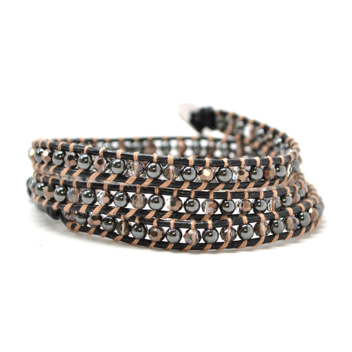 HOLIDAY CLEARANCE SALE! The Pandora - 23" Metallic Black and Clear Beaded Black Leather Wrap Bracelet Image 1