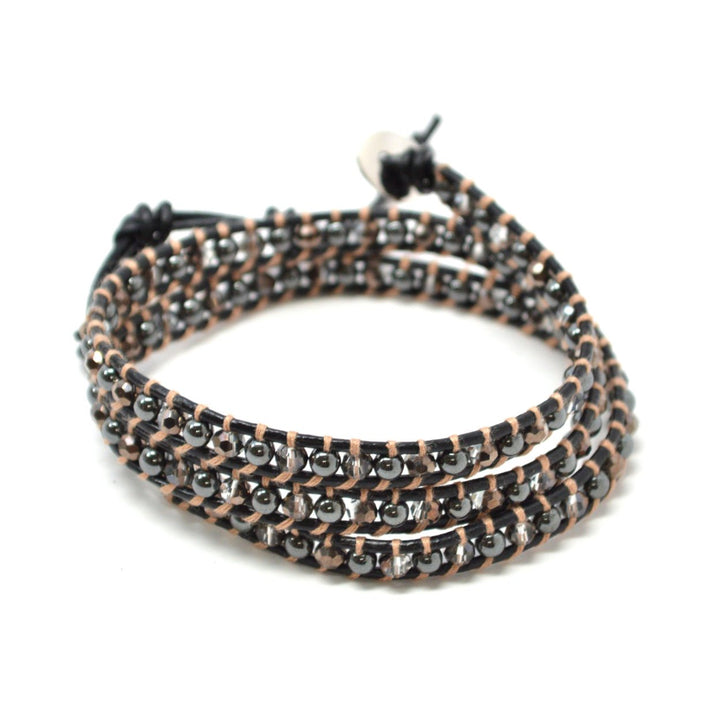 HOLIDAY CLEARANCE SALE! The Pandora - 23" Metallic Black and Clear Beaded Black Leather Wrap Bracelet Image 2