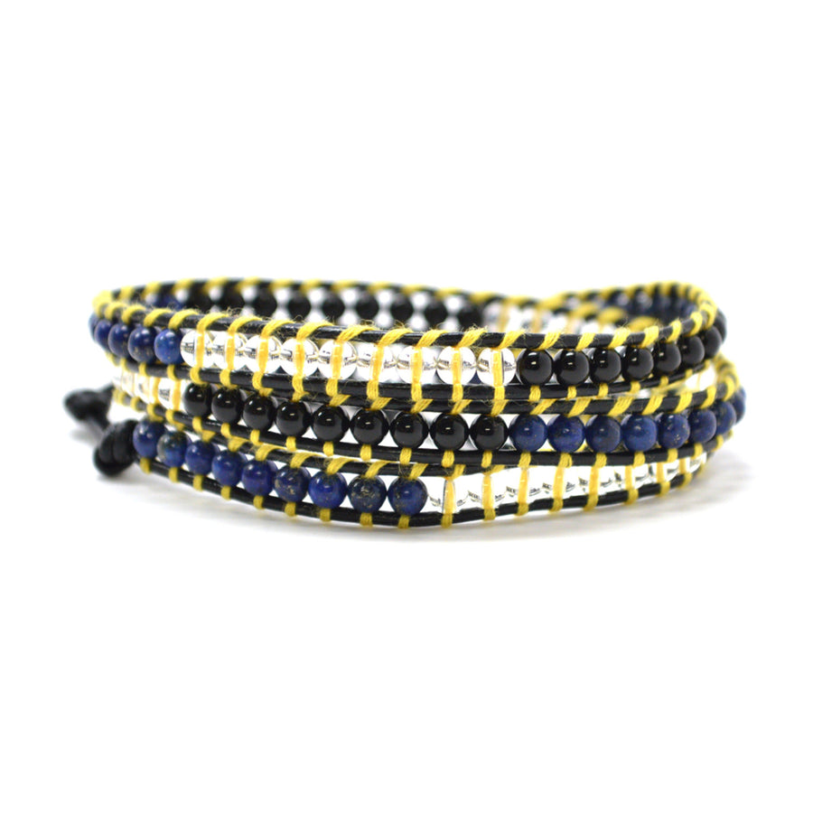 HOLIDAY CLEARANCE SALE! The Bumblebee - 23" Black Clear and Navy Blue Beaded Brown Leather Wrap Bracelet Image 1