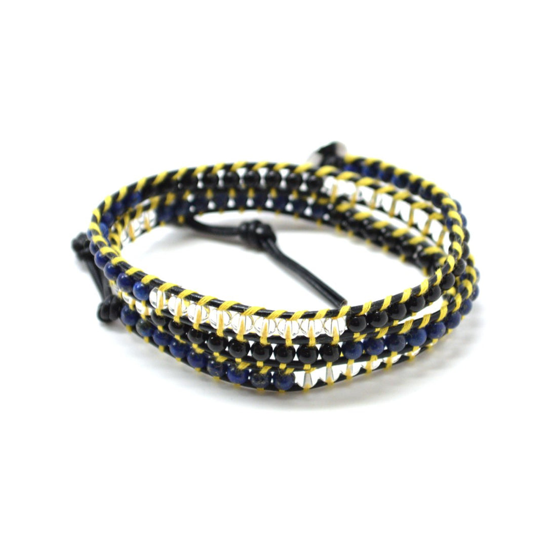 HOLIDAY CLEARANCE SALE! The Bumblebee - 23" Black Clear and Navy Blue Beaded Brown Leather Wrap Bracelet Image 2