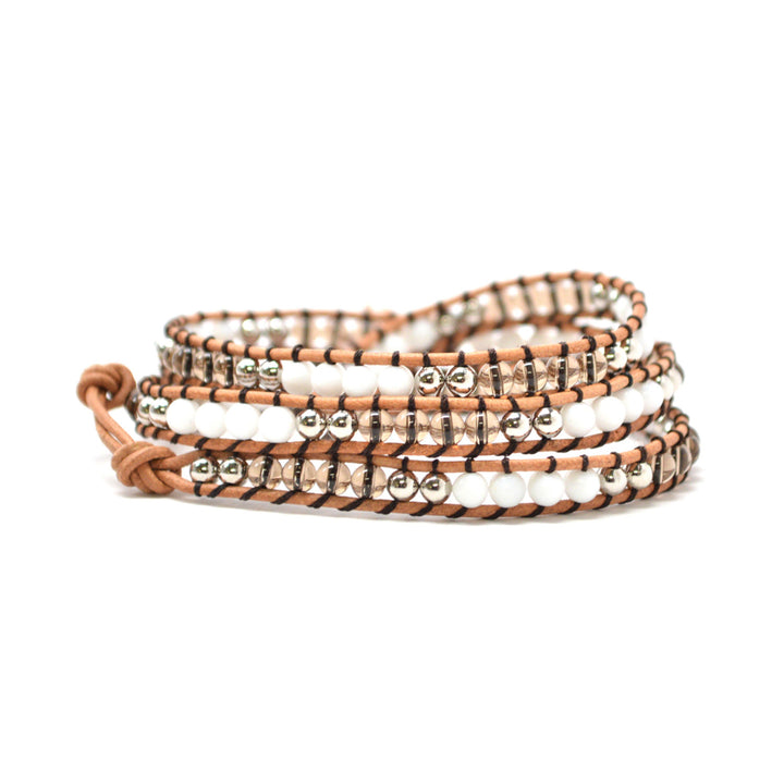 The Tiger Cub - 23" Clear Silver and White Beaded Light Brown Leather Wrap Bracelet Image 1