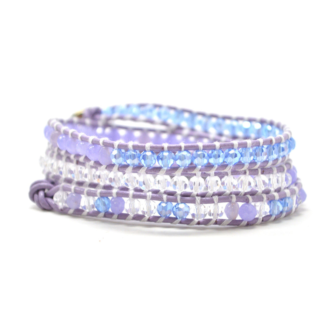 HOLIDAY CLEARANCE SALE! The Hydrangea Fields - 23" Lavender Light Blue and Clear Beaded Purple Leather Wrap Bracelet Image 1