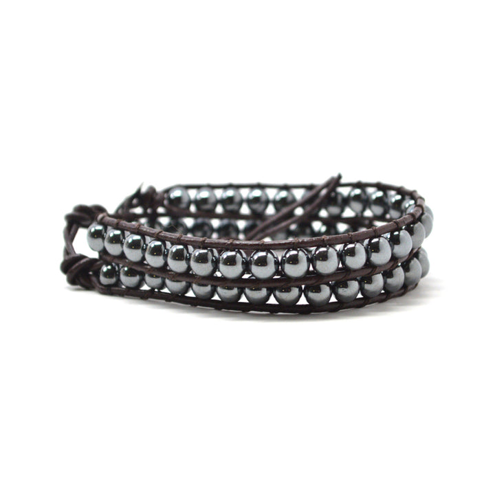 Endless Time and Space Dark Brown 16" Leather Wrap Hematite Round Beads Bohemian Boho Style Bracelet Image 1