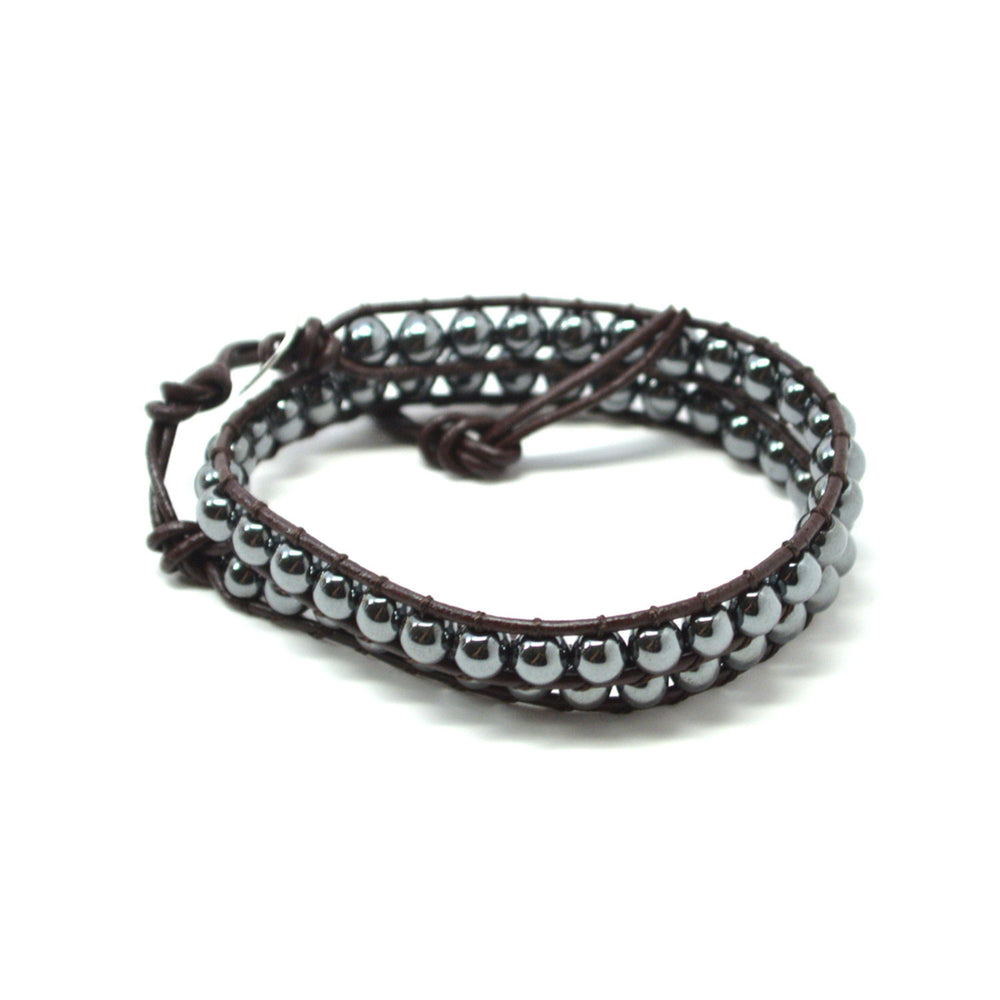 Endless Time and Space Dark Brown 16" Leather Wrap Hematite Round Beads Bohemian Boho Style Bracelet Image 2