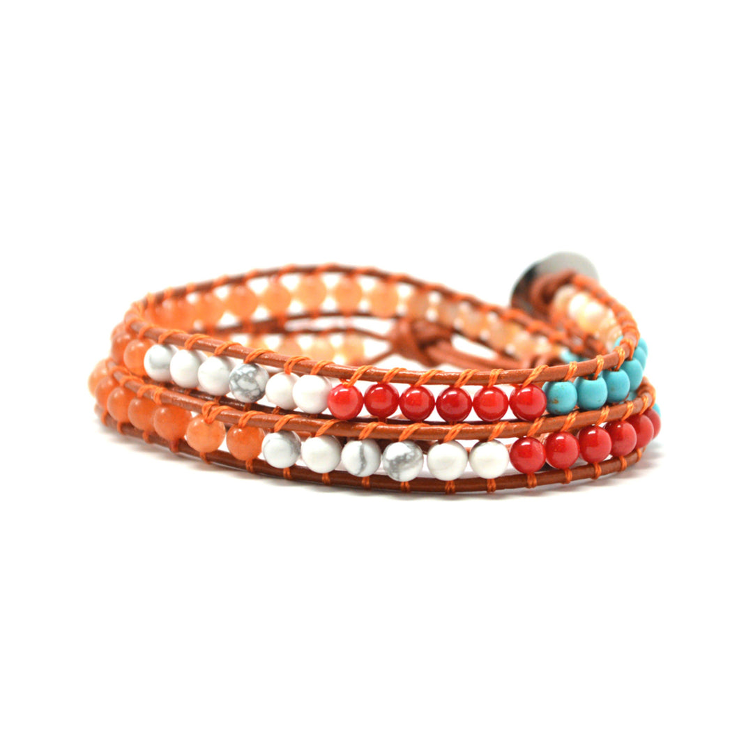 The Canyon 16" Leather 2 Wrap Bracelet Brown Leather Orange String White Red Turqoise Orange Beads Image 1