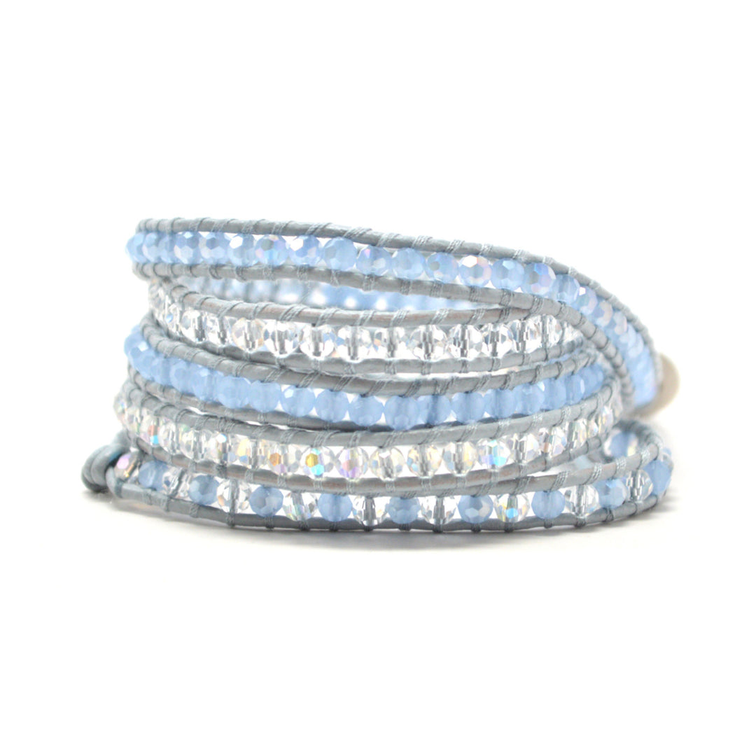 HOLIDAY CLEARANCE SALE! The Illusionist - 34" Frosted Light Blue and Clear Beaded Light Gray Leather Wrap Bracelet Image 1