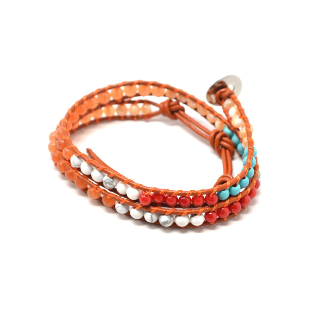 The Canyon 16" Leather 2 Wrap Bracelet Brown Leather Orange String White Red Turqoise Orange Beads Image 2