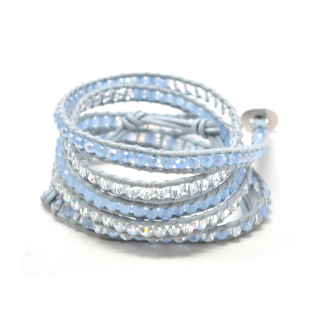 HOLIDAY CLEARANCE SALE! The Illusionist - 34" Frosted Light Blue and Clear Beaded Light Gray Leather Wrap Bracelet Image 2