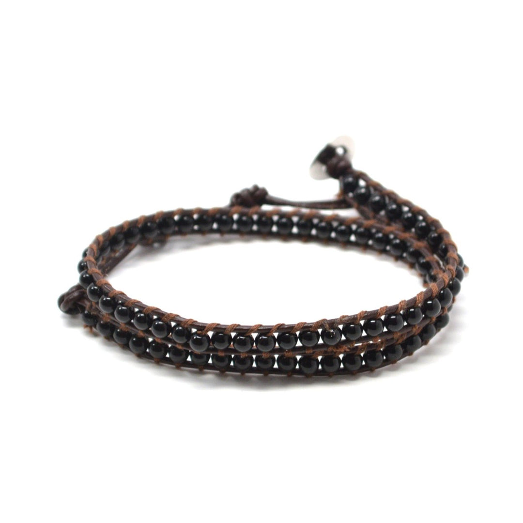 Tribal Black Agate Stone Beads With Authentic Leather Wrap Image 2