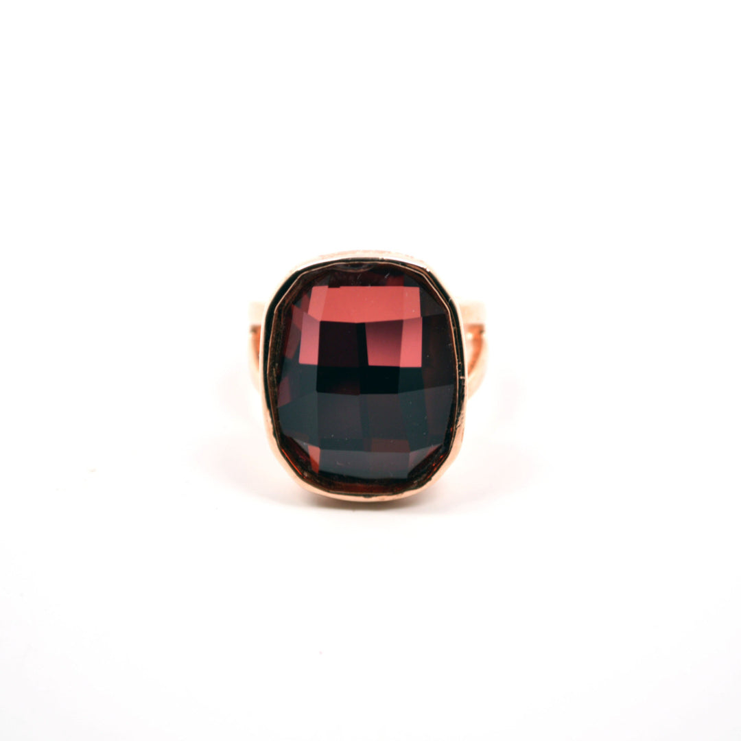 Deep Siam Red Blood Orange Colored Gemstone Set in a Rose Gold Plated Ring Image 3