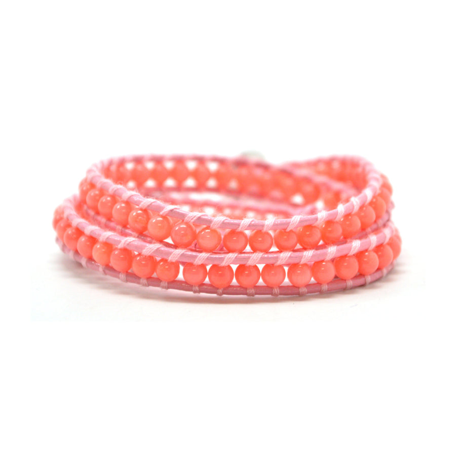 Cutesy Coral Pink Semi-Precious Stone Beads On Baby Pink Leather Wrap Image 1