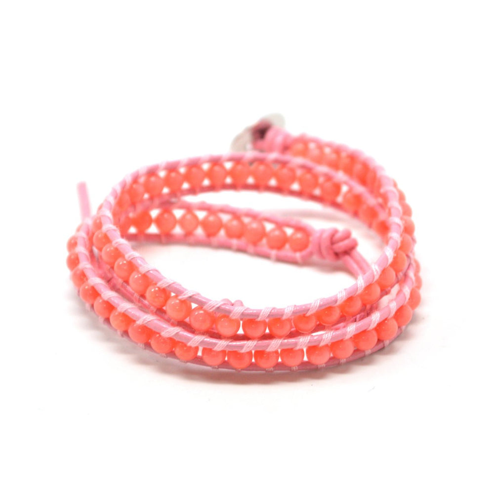 Cutesy Coral Pink Semi-Precious Stone Beads On Baby Pink Leather Wrap Image 2