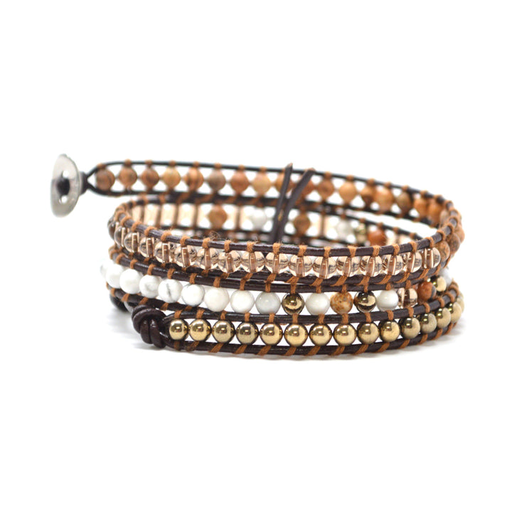 Sand Multi And White Semi-Precious Stones On Genuine Brown Leather Wrap Image 1