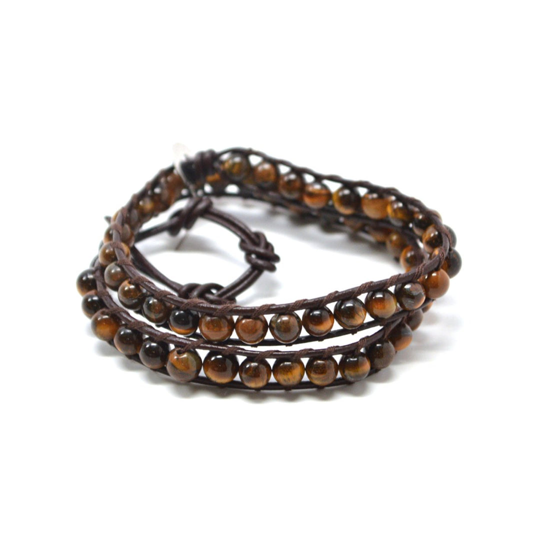 Organic Earth Brown Agate Stone Beads on Authentic Brown Leather Wrap Image 2