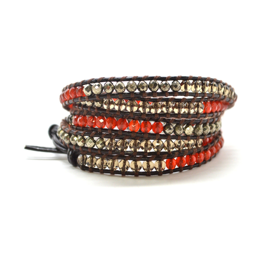 Retro Red and Gold Colored Semi-Precious Stones On Genuine Leather Wrap 5 wrap 34 in Image 1