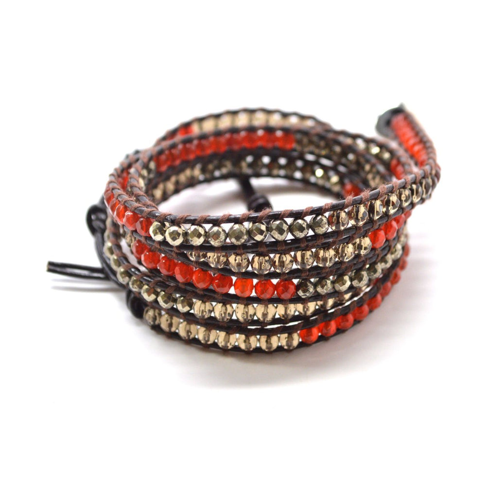 Retro Red and Gold Colored Semi-Precious Stones On Genuine Leather Wrap 5 wrap 34 in Image 2