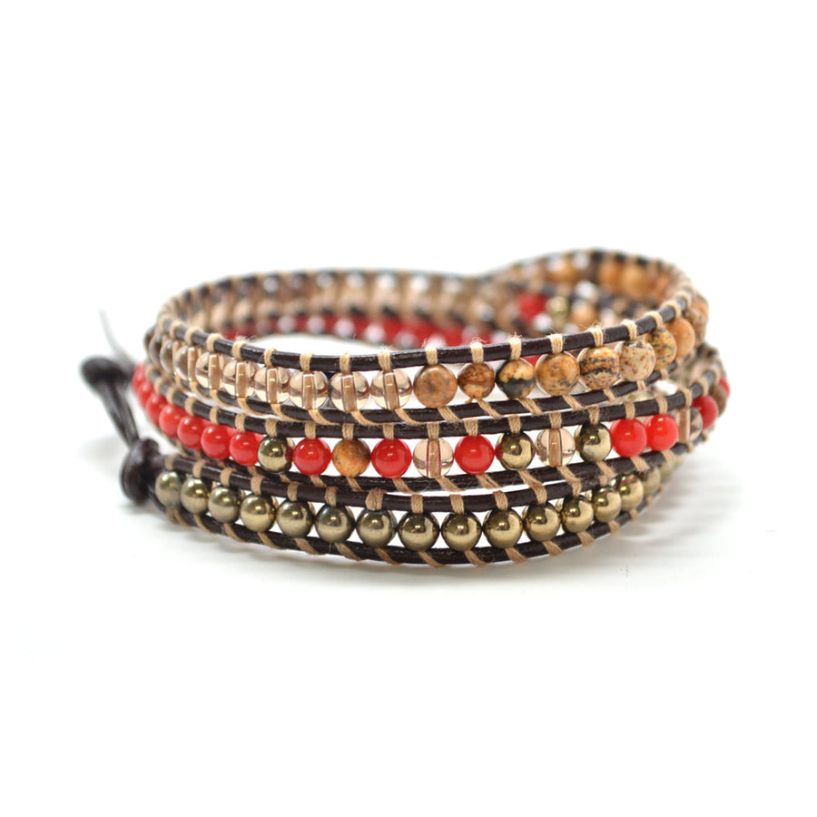 Holiday Clearance Sale! The Daring One - 23" Red and Tan Multicolor Beaded Brown Leather Wrap Bracelet Image 1