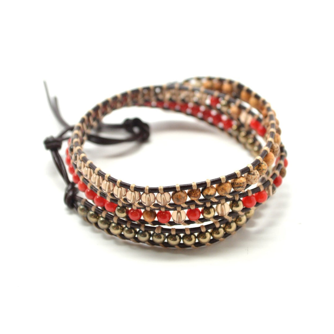 Holiday Clearance Sale! The Daring One - 23" Red and Tan Multicolor Beaded Brown Leather Wrap Bracelet Image 2