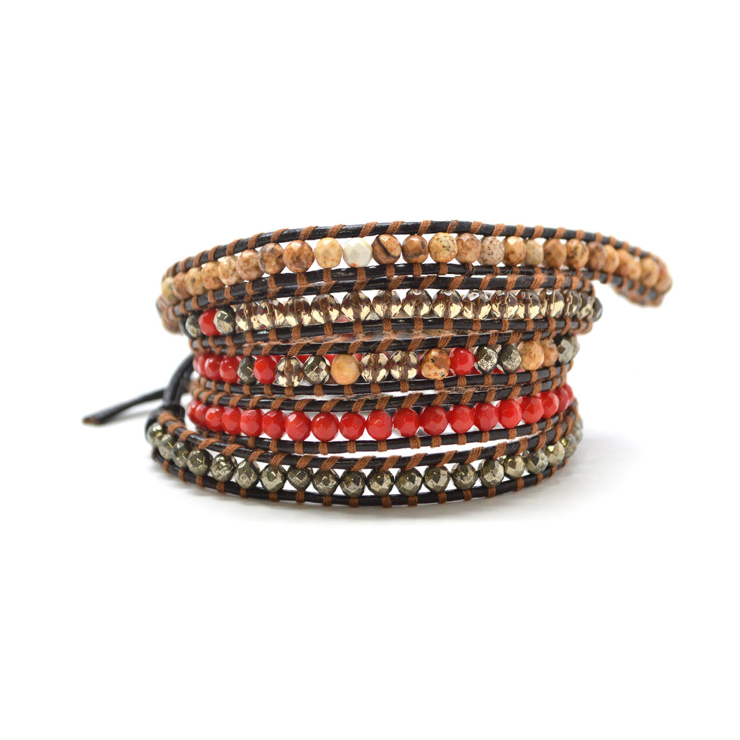 The Daring One - 34" Red and Tan Multicolor Beaded Brown Leather Wrap Bracelet Image 1