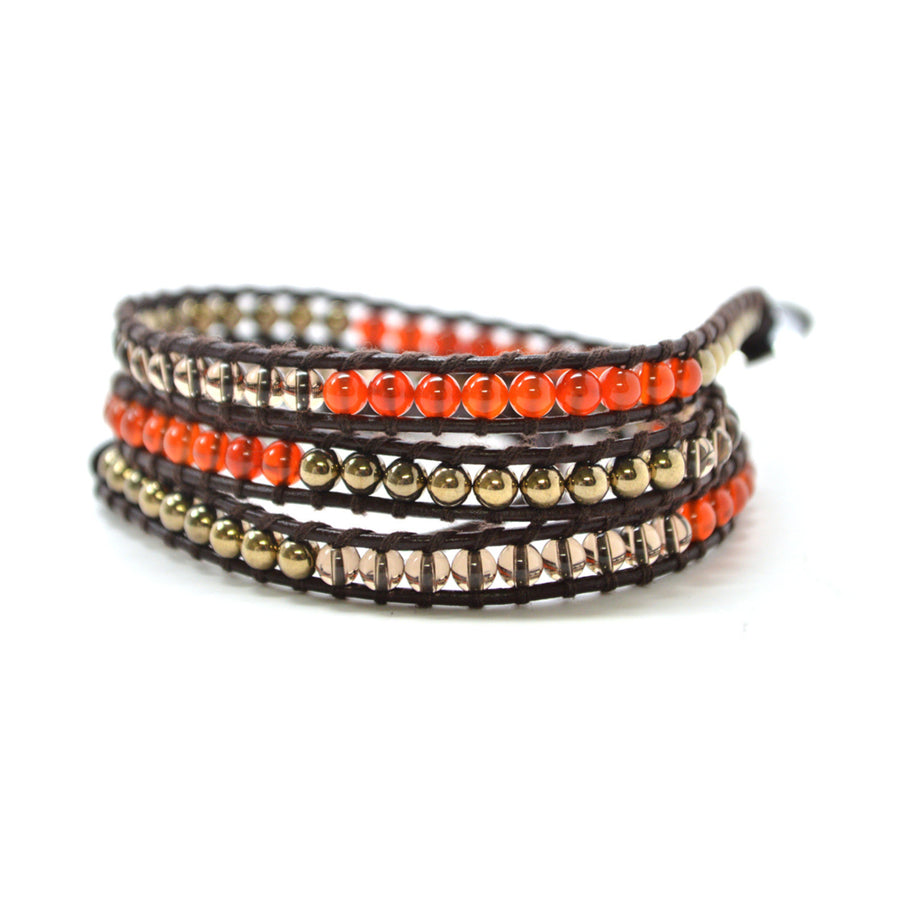 Retro Red and Gold Colored Semi-Precious Stones On Genuine Leather Wrap3 Wrap 23in Image 1